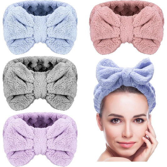 4 Pack Makeup Spa Headband Microfiber Bow Towel Soft Fluffy Washing Face Headband for Women Girls Shower Bath Skincare (Pink, Light Blue, Purple, Gray)