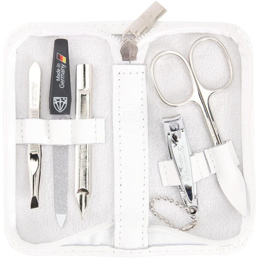 3 Swords Germany - brand quality 5 piece manicure pedicure grooming kit set for professional finger & toe nail care scissors clipper genuine leather white case in gift box, Made in Germany