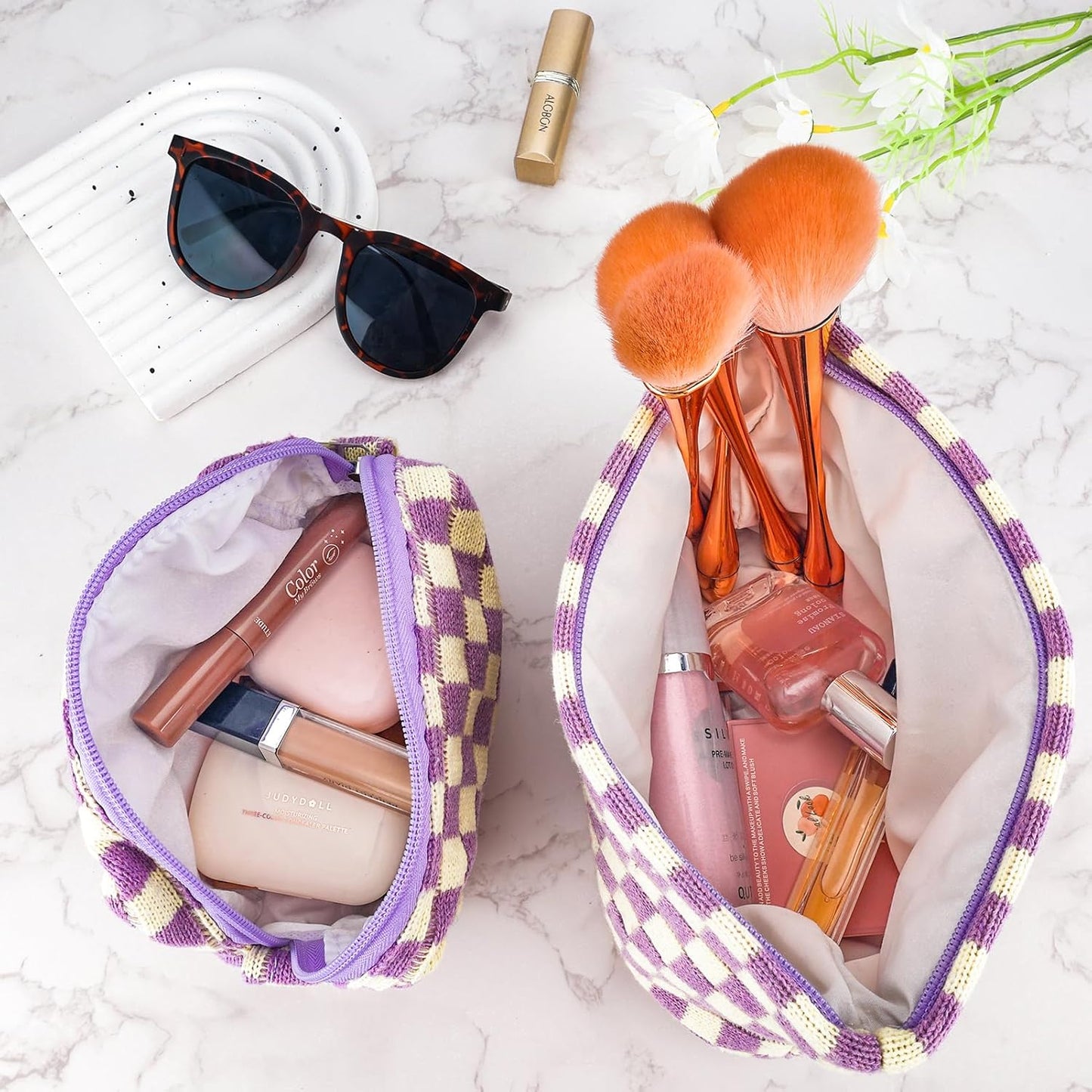 ZLFSRQ 2Pcs Checkered Makeup Bag for Women Large Small Checkered Cosmetic Bag Set Aesthetic Preppy Pencil Case Cute Pencil Pouch Purple Makeup Pouch for Purse Travel Toiletry Bags Zipper Skincare Bags