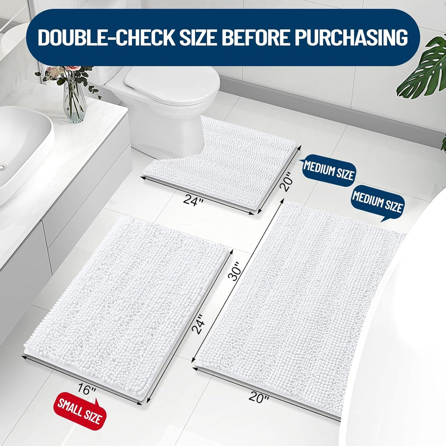 Grandaily Chenille Striped Bathroom Rugs 47x32, Extra Thick and Absorbent Bath Mats, Non-Slip Soft Plush Shaggy Shower Carpet, Machine Wash Dry, Bath Rug for Bathroom, White