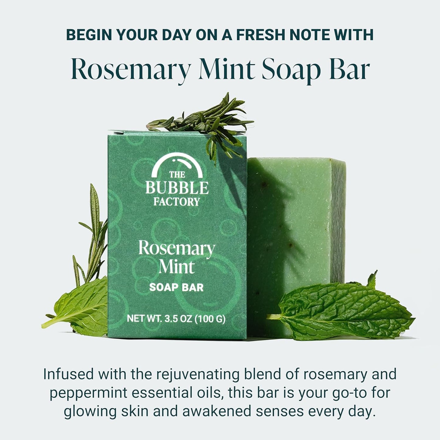 The Bubble Factory Handmade Natural Bath & Body Soap Bar, Vegan, All-Natural, Palm Oil Free, Made in USA with Shea Butter + Essential Oils, Rosemary Mint, 3 Bars