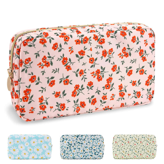 Waterproof Small Floral Makeup Bag Pouch for Purse,Nylon Flower Cosmetic Bag Preppy Travel Toiletry Storage Bag for Women Girl,Cute Makeup Organizer Bag Skincare Bag with Zipper(Small Pink-Flowers)