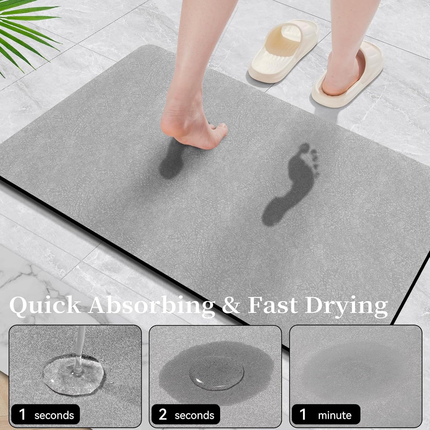 Bath Mat Rugs 32x17 - Diatomaceous Earth Bath Mat Quick Dry Absorbing Bathroom Rugs Rubber Non Slip Thin Bathroom Mat Fit Under Door, Bath Mat for Bathroom Floor, Tub and Shower, Sink, Grey