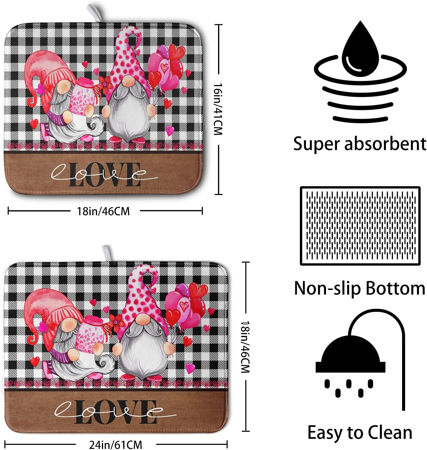 Valentine's Day Dish Drying Mats for Kitchen Counter, Gnome Love Kitchen Drying Mat, Buffalo Plaid Dish Drainer Mat Absorbent Quick Dry Dishes Pad 18 x 24 In - Farmhouse Decor Valentines Gift