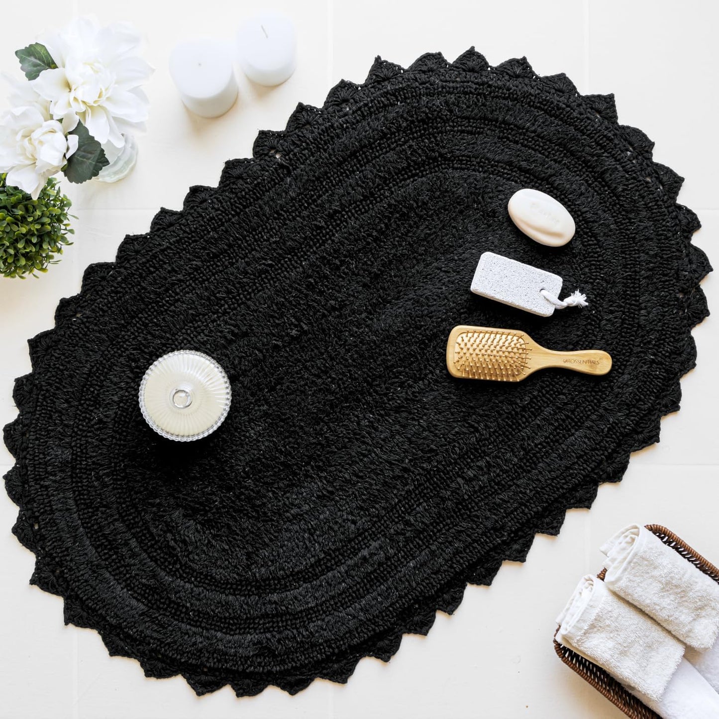 RAJRANG Black Oval Bathroom Rug | 34x21 Inches Soft Cotton Bath Mat with Crochet Pattern | Reversible, Absorbent, Boho Style Floor Mat for Bathroom, Spa or Entryway