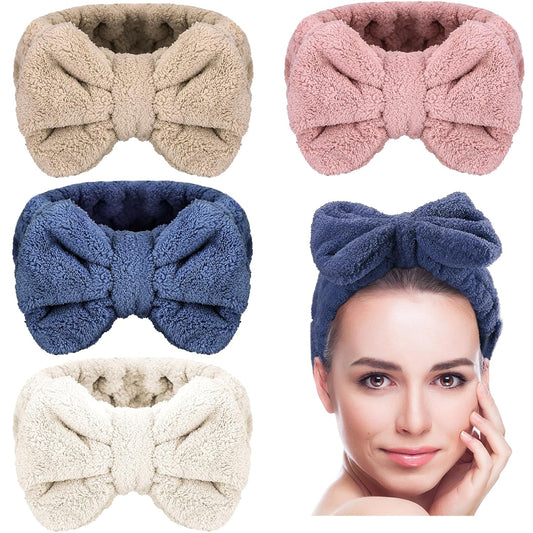 4 Pack Makeup Spa Headband Microfiber Bow Towel Soft Fluffy Washing Face Headband for Women Girls Shower Bath Skincare (White, Blue, Pink, Brown)