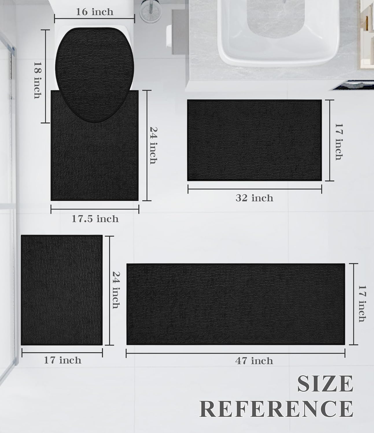 chakme Bathroom Rug Sets 5 Piece, Ultra Thin Bath Mat Quick Dry Bath Mat, Absorbent Bath Mat for Bathroom Non Slip Machine Washable, (Black)