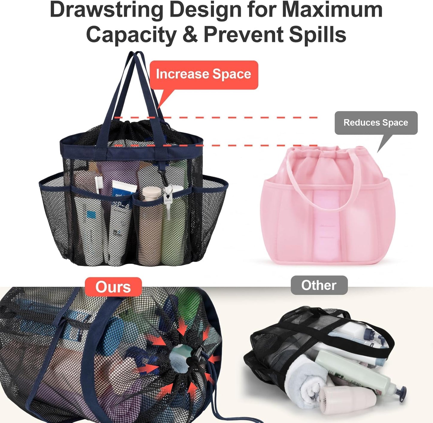 F-color Mesh Shower Caddy Portable with Drawstring - Deeper 7 Pockets Dorm Room Essentials for Guys Girls with S Hook, Shower Bag Tote for College Camping Toiletry Bathroom, Black with Dark Blue