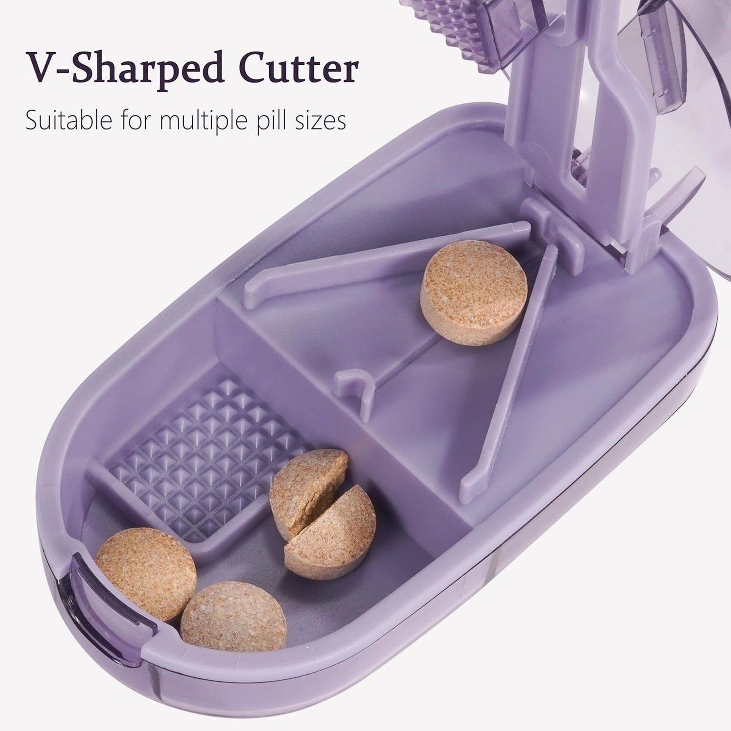 Pill Cutter Splitter for Small and Tiny Pills, or Large Pills. V-Shaped Design for Multiple Sizes. Safety Blade Guard. Loss-Proof Built-in Small Brush & Sliding Door Pill Storage (Rouge)