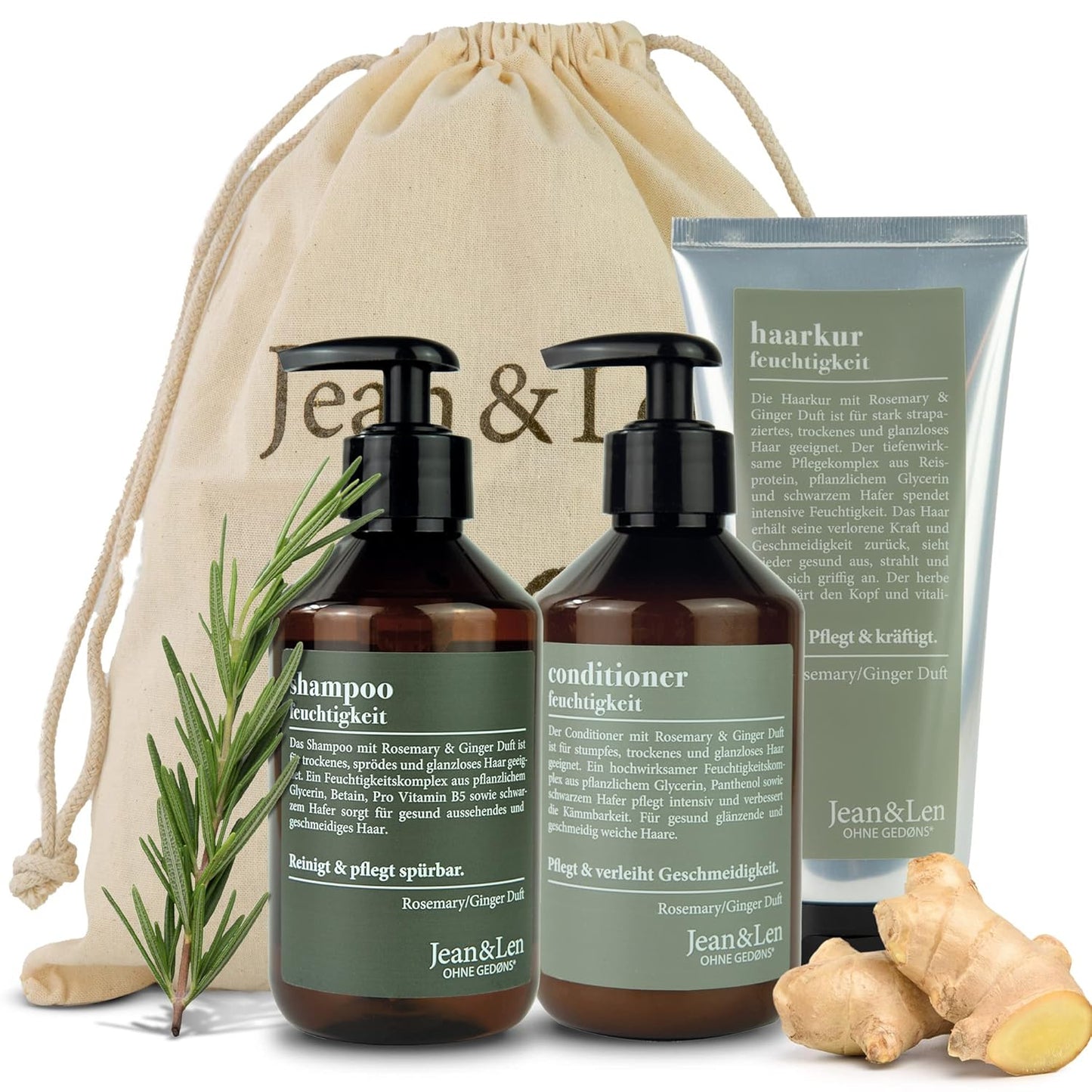 Hair care Set Rosemary Ginger by Jean&Len, Contains Shampoo, Conditioner + Treatment for bright & healthy hair, with natural ingredients, vegan, 5 Fl. Oz.