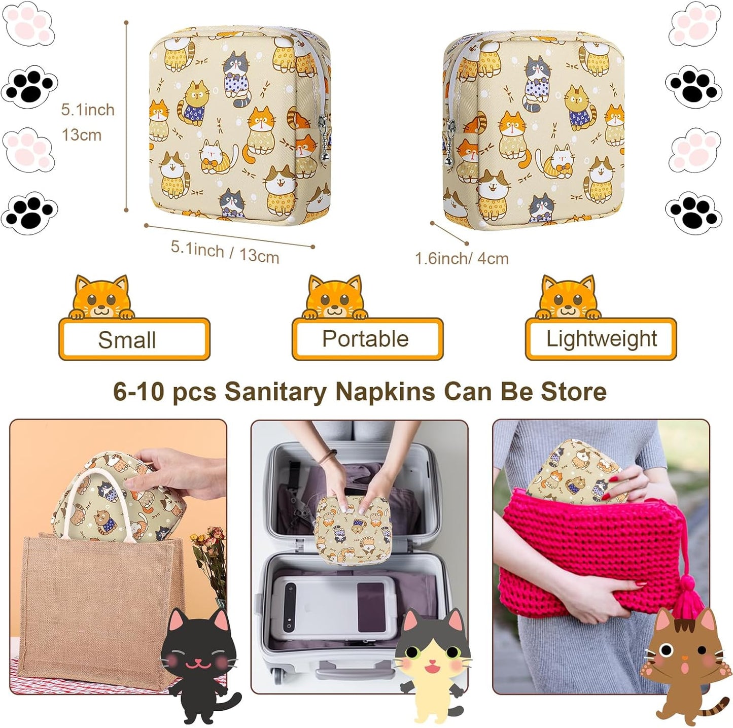 Period Bag Pouch, Canvas Sanitary Napkin Storage Bag for Girls Womens, Portable Sanitary Napkin Period Pad Pouch for Purse, Small Make Up Bags(Khaki Cat)