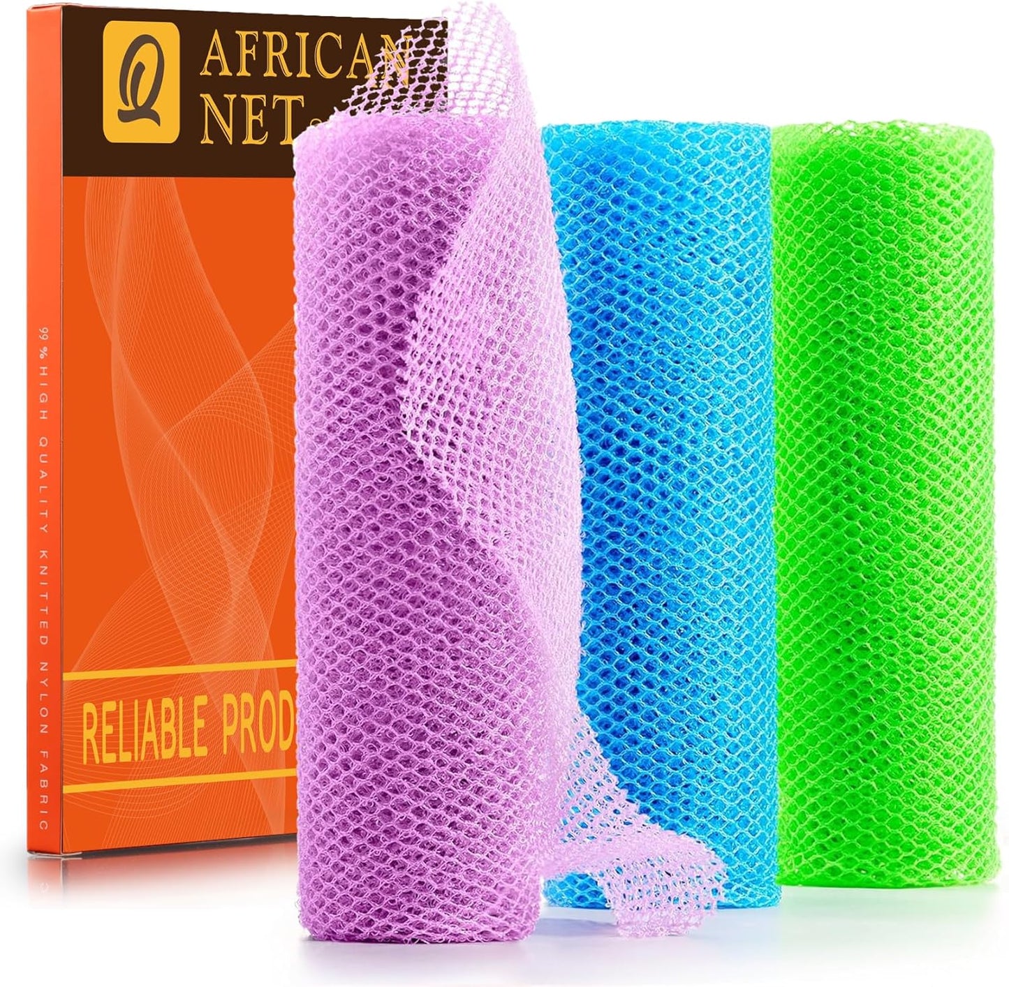UJFQBH 3 Pieces African Bath Sponge African Net Long Net Bath Sponge Exfoliating Shower Body Scrubber Back Scrubber Skin Smoother,Great for Daily Use (Pale Purple, Blue, Green)