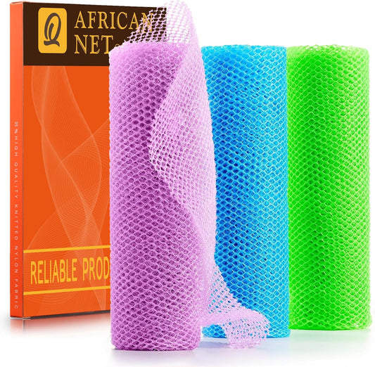 UJFQBH 3 Pieces African Bath Sponge African Net Long Net Bath Sponge Exfoliating Shower Body Scrubber Back Scrubber Skin Smoother,Great for Daily Use (Pale Purple, Blue, Green)