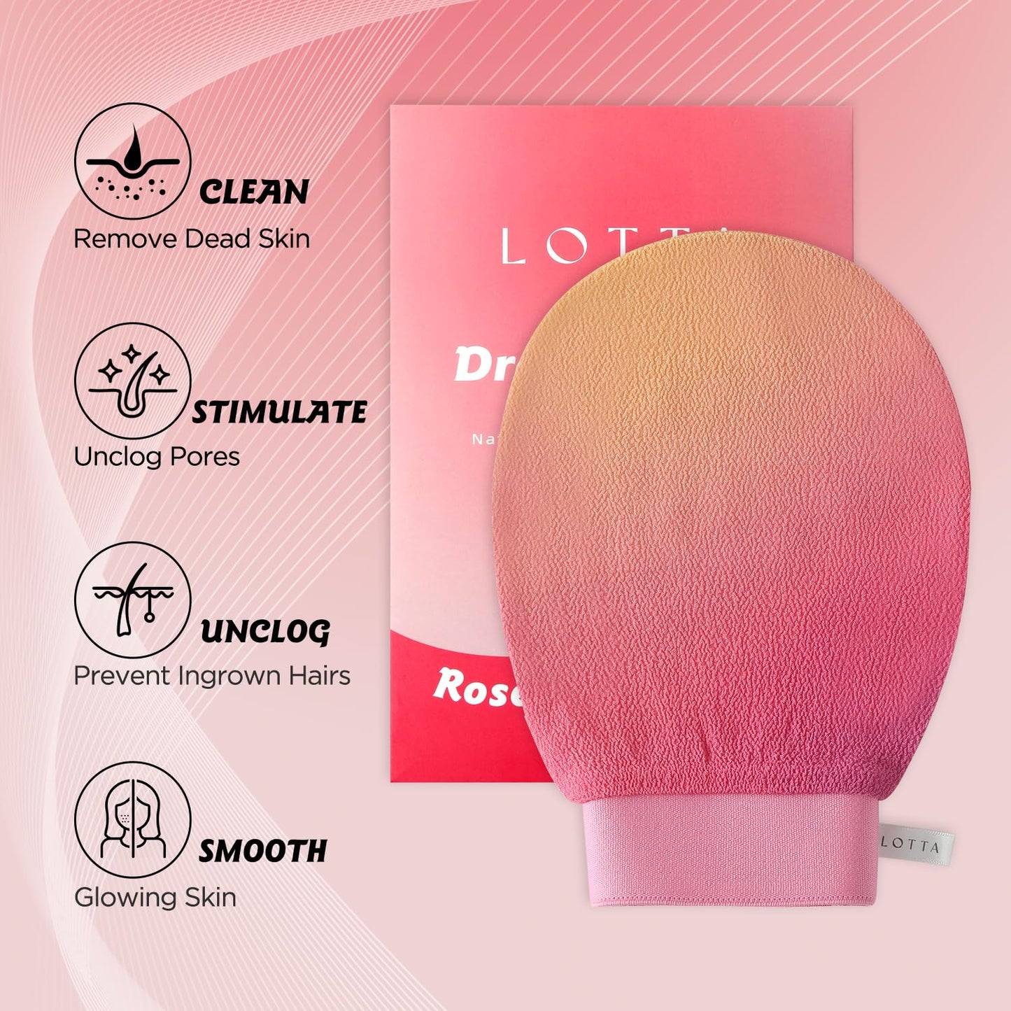 LOTTA Dreamy-Glow Deep Exfoliating Glove - Vegan Dead Skin Removal Body Scrub Mitt Bath Washcloth for Women Shower Exfoliation (Rose Garden)