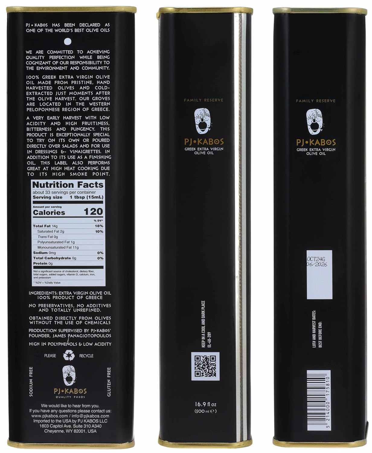 P.J. KABOS 2024/25 Harvest, Very High Phenolic (750+mg/kg), Natural Greek Extra Virgin Olive Oil, Kosher, Greece, Cold Extracted, 16.9 oz Tin, "Family Reserve - Robust" (3-PACK)