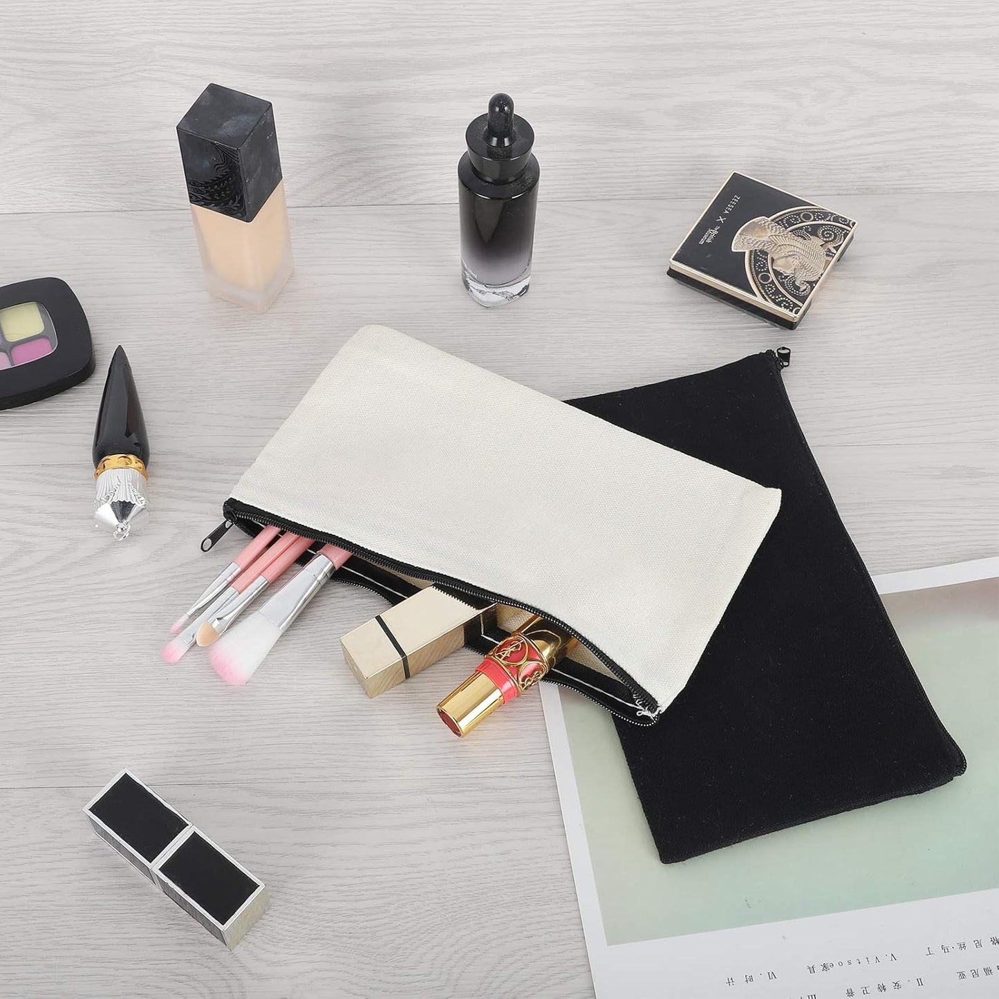 12 Pieces White Cotton Canvas Makeup Bag, Multipurpose Cosmetic Bag with Zipper Travel Toiletry Pouch, Blank DIY Craft Bag (White, M)