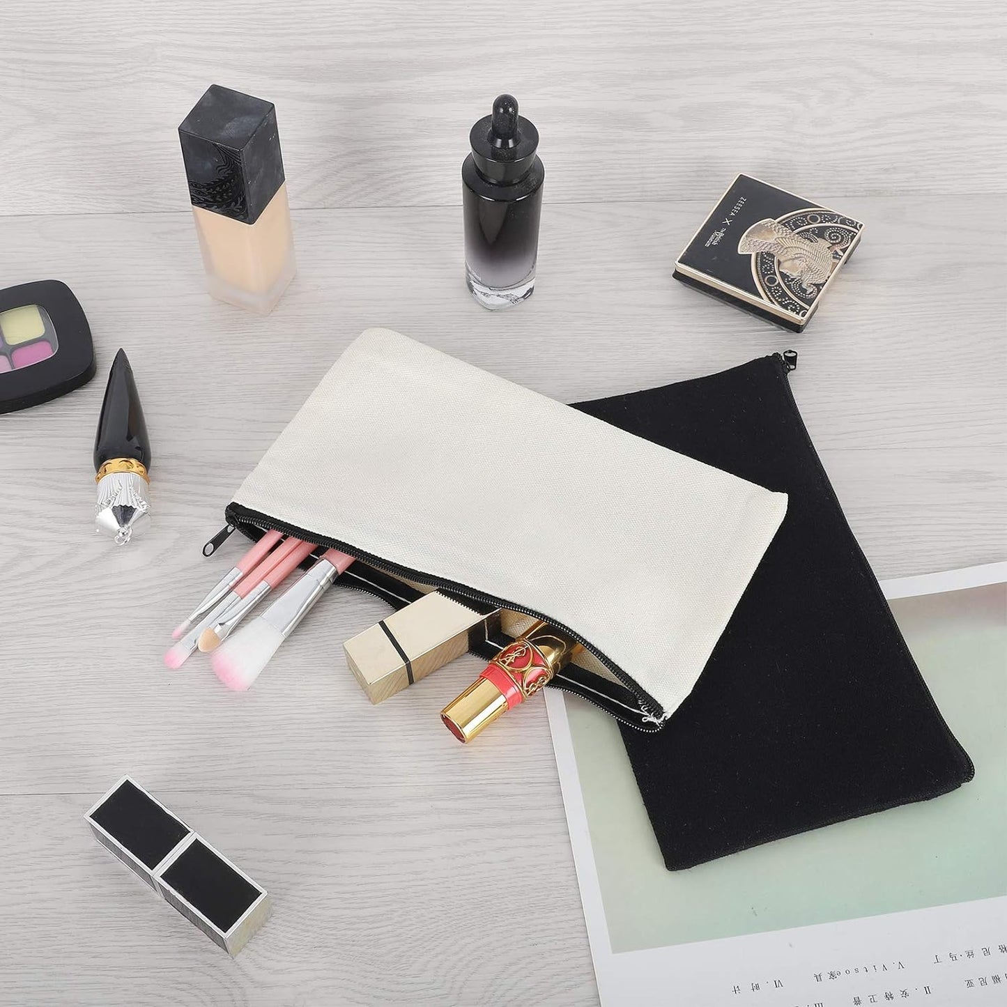 12 Pieces Black Cotton Canvas Makeup Bag, Multipurpose Cosmetic Bag with Zipper Travel Toiletry Pouch, Blank DIY Craft Bag (Black, L)