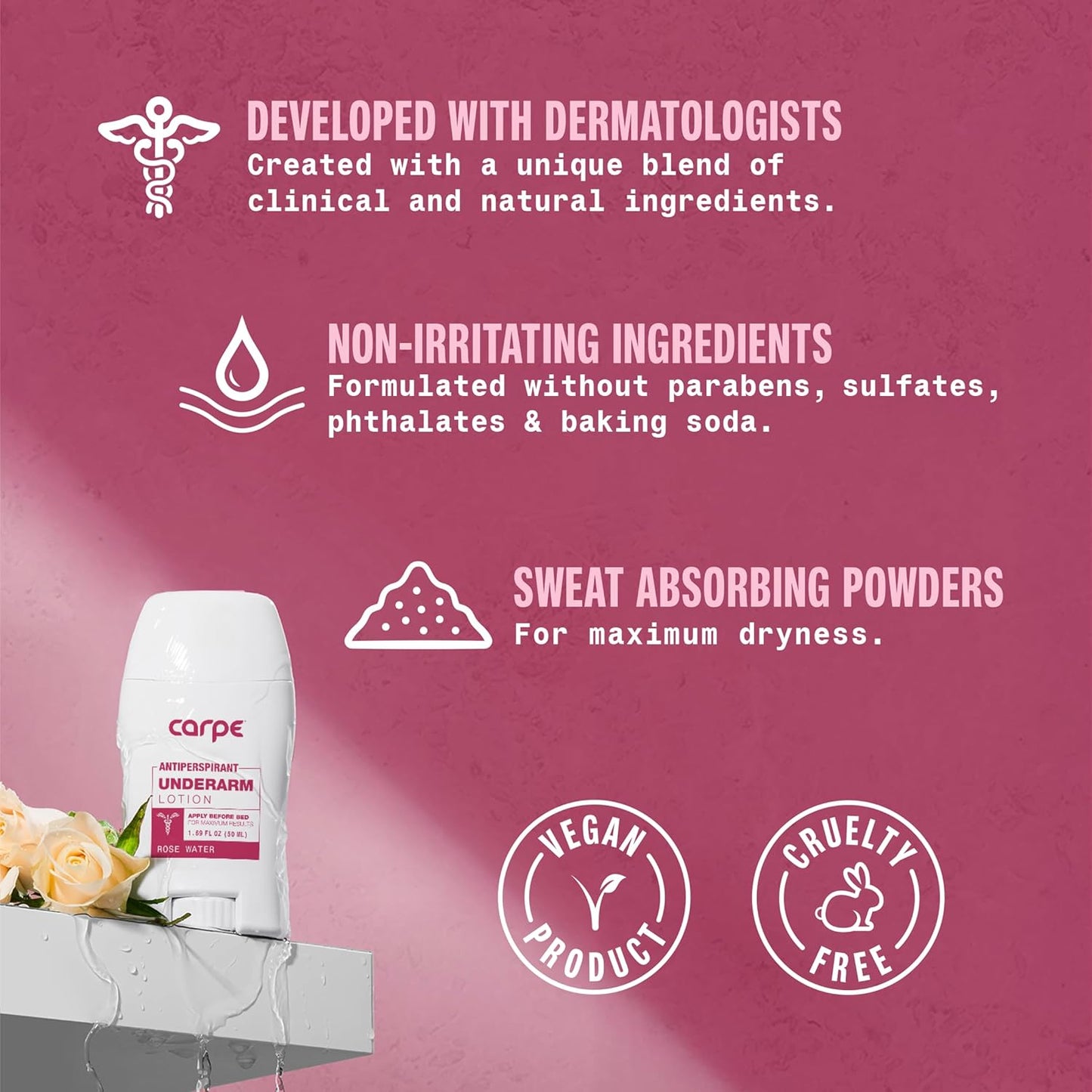 Carpe Underarm Antiperspirant and Deodorant, Clinical strength with Rose Water scent, Combat excessive sweating Stay fresh and dry, Great for hyperhidrosis (Pack of 3)