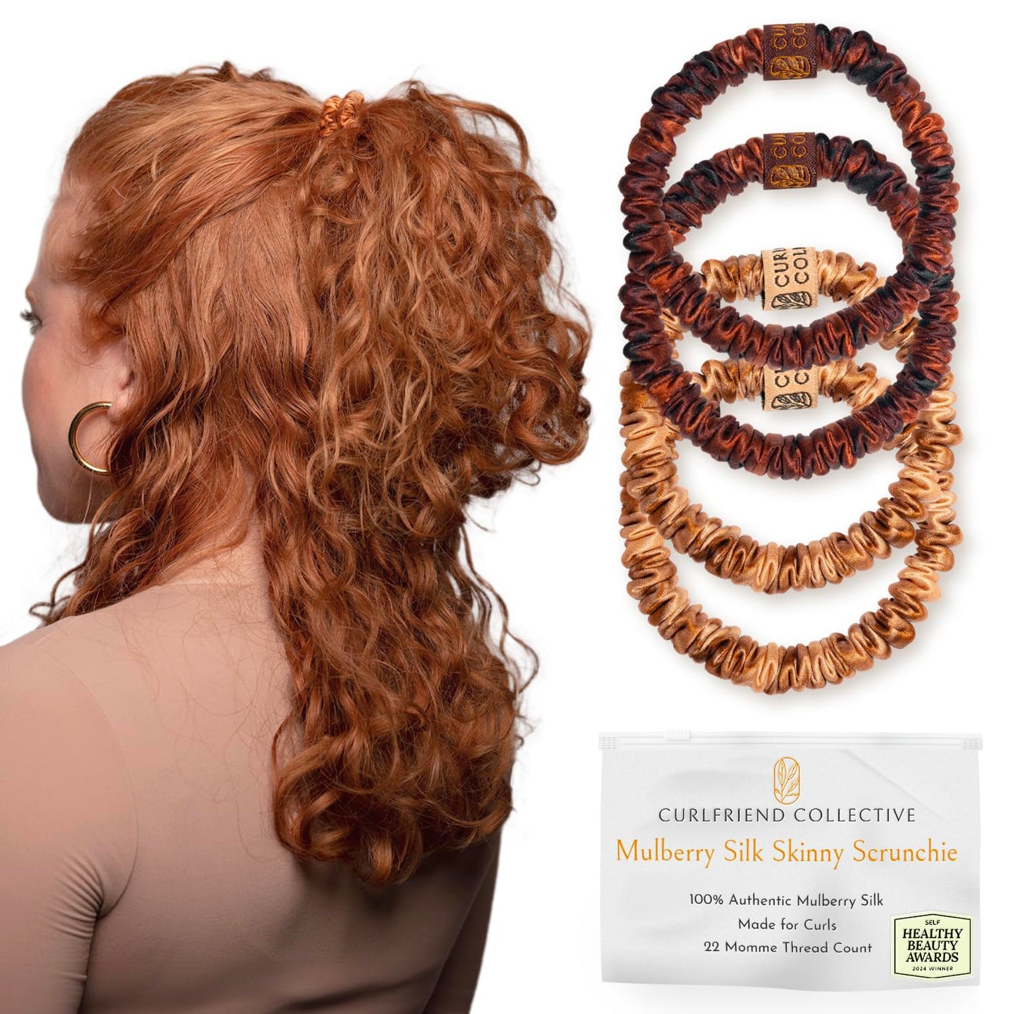 Authentic Mulberry Silk Skinny Hair Match Scrunchies for Women, Anti Breakage Hair Ties for Curly Thick & Thin Hair, 100% Silk for Buns & Ponytail, Strawberry/Auburn (4 Pack)