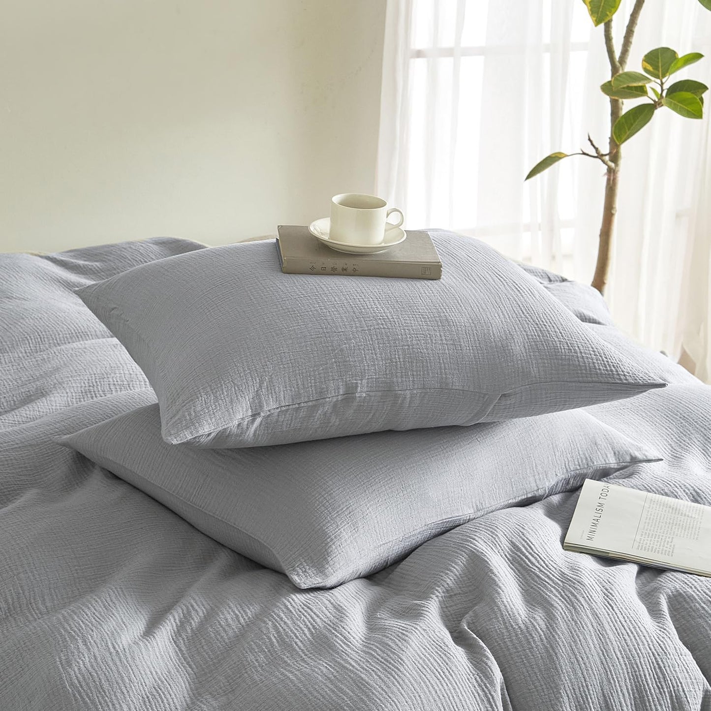 SE SOFTEXLY Muslin Pillowcases Queen Size 100% Cotton, 2 Pack Linen Like Pillow Shams with Envelope Closure, Ultral Soft and Breathable Pillow Case Covers, Light Grey, 20" X 30", No Filling