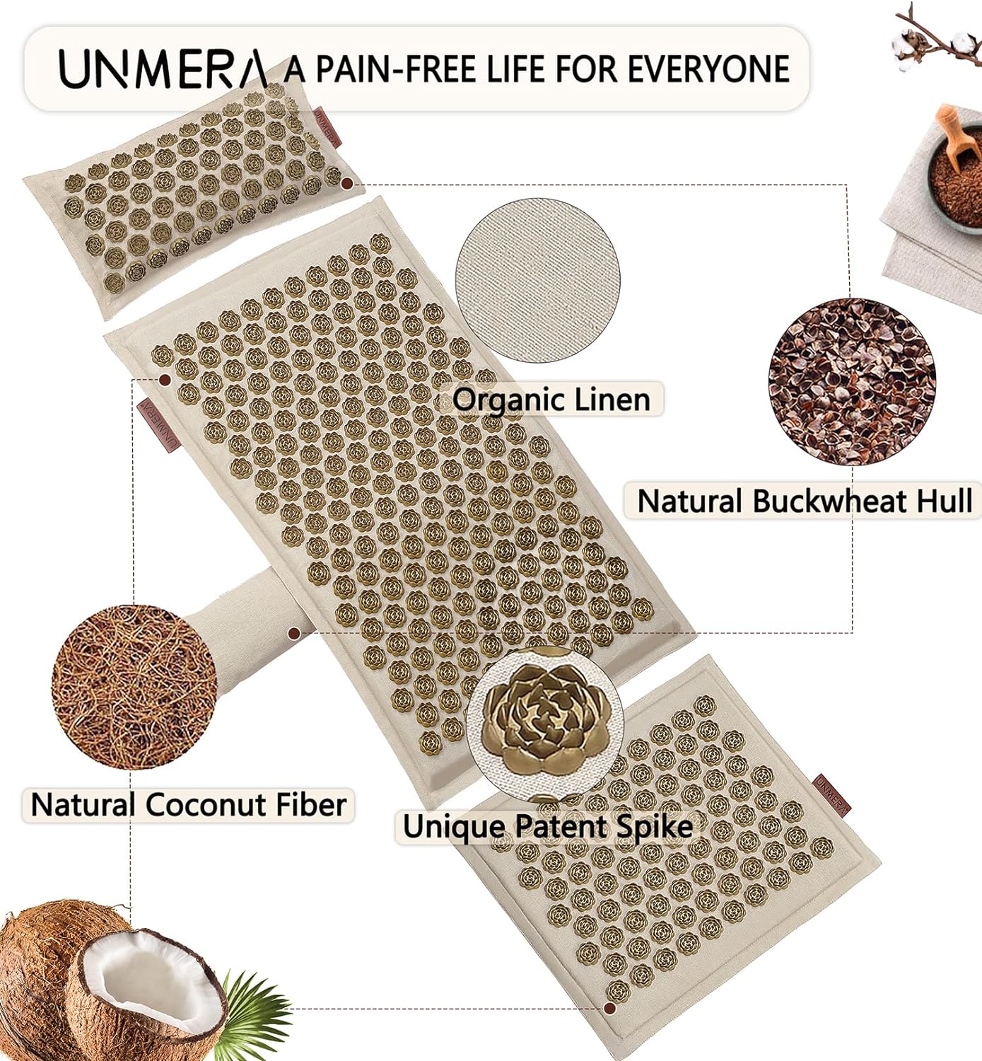 UNMERA Acupressure Mat and Pillow Set,Natural Premium Linen & Coconut Fiber Filling,for Back/Neck Pain Relief, Sciatic, Headache and Muscle Relaxation, Comes with Carrying Bag