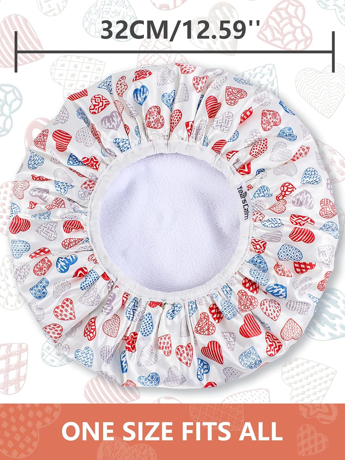 Years calm Terry Lined Shower Cap, Triple Layer Heart Motifs,Waterproof Reusable Elastic,Hair Shower Cap for Women,Terry Cloth Shower Caps for Spa,Clean,Trave (White, One Size)
