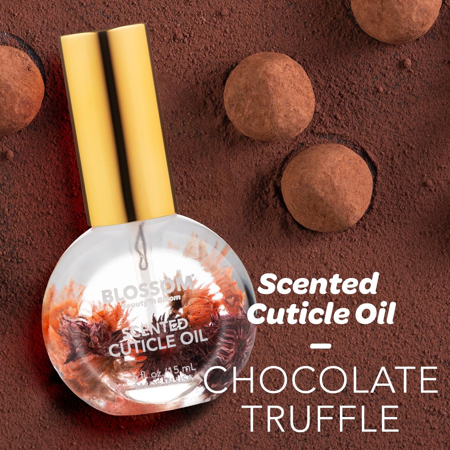 Blossom Cuticle Oil for Nails, Hydrating, Moisturizing, Gourmand Scented Nail Oil Cuticle Care, Infused with Real Flowers, Made in USA, 0.5 fl. oz, Chocolate Truffle