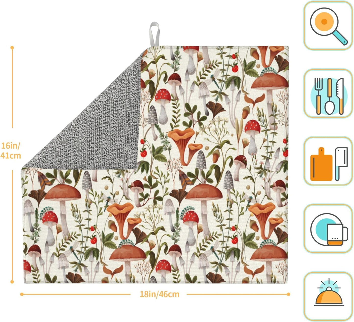 Boho Mushroom Decor Dish Drying Mat for Kitchen Counter Botanic Plant Beige Dish Drainer Rack Mats 16x18 Inch Absorbent Reversible Drying Pad