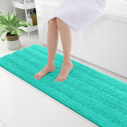 Grandaily Chenille Striped Bathroom Rugs 59x20, Extra Thick and Absorbent Bath Mats, Non-Slip Soft Plush Shaggy Shower Carpet, Machine Wash Dry, Bath Rug for Bathroom, Teal