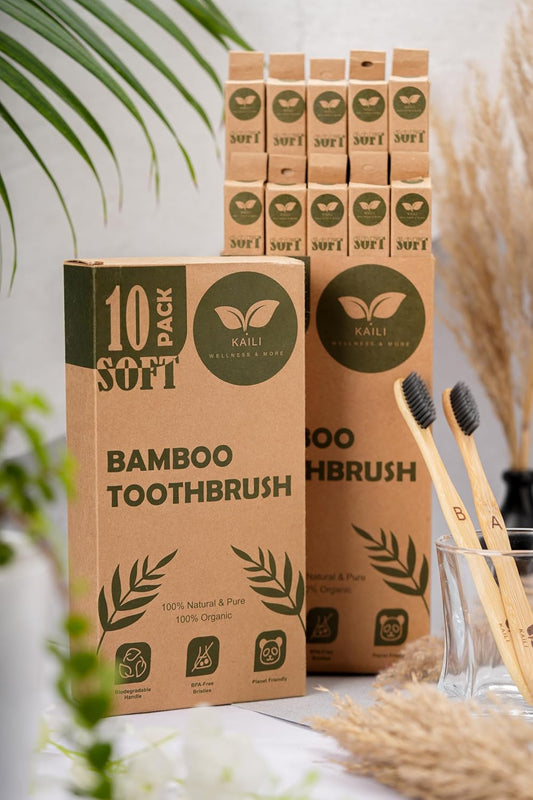Bamboo Toothbrush 10 Pack, Soft Charcoal-Infused Bristles, Biodegradable, BPA-Free, Eco-Friendly, Sustainable, Natural, Organic and Pure Wooden Toothbrush by Kaili Wellness and More
