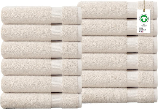 Delara 100% Organic Cotton Towels 650 GSM Plush Feather Touch Quick Dry Wash Cloth, Pack of 12 GOTS Certified, Oeko-Tex Green Certified, Organic Cotton Wash Cloth, 13"X13"