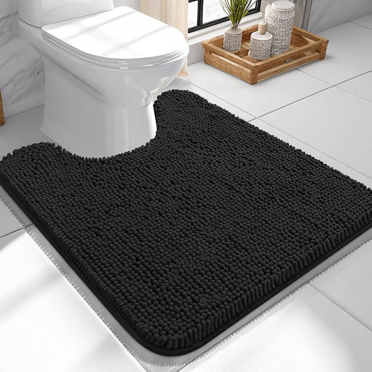 OLANLY Toilet Rugs U-Shaped 24x24, Extra Soft Absorbent Chenille Contour Bathroom Rugs for Toilet, Dry Quickly, Machine Washable, Non-Slip Bath Mat, Black