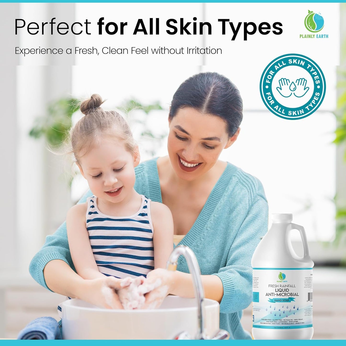 AntiMicrobial Hand Soap, 64 oz Bulk Refill - Antibacterial Hand Soap, Gentle, Scented Moisturizing Hand Soap for Kitchen and Bathroom - Fresh Rainfall