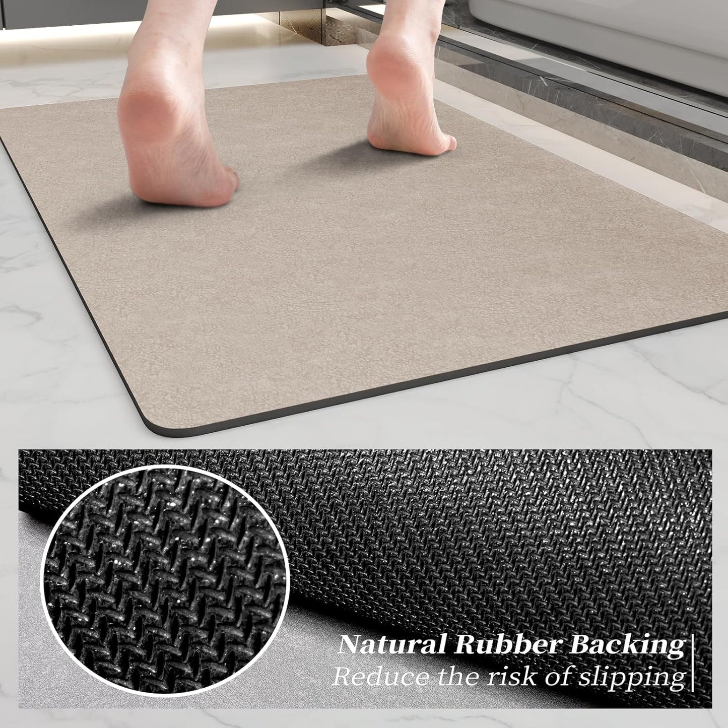 Bath Mat Rugs 32x17 - Diatomaceous Earth Bath Mats Quick Dry Absorbing Bathroom Rugs Rubber Non Slip Thin Bathroom Mat Fit Under Door, Bath Mat for Bathroom Floor, Tub and Shower, Sink, Taupe