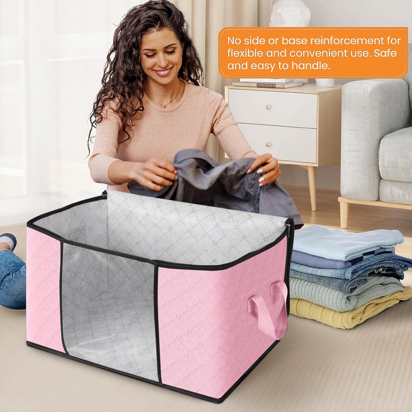 Fab totes 3 Pack Clothes Storage, Foldable Thick Fabric Blanket Storage Bags, Containers for Organizing Bedroom, Closet, Clothing, Comforter, Organization with Handle,Pink