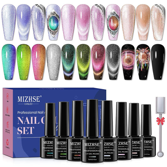 MIZHSE Cat Eye Nail Polish Set: 8 Colors with Magnet Stick, Classic Holographic Glitter Galaxy Colors UV Gel Nail Kit for Nail Salon Home DIY