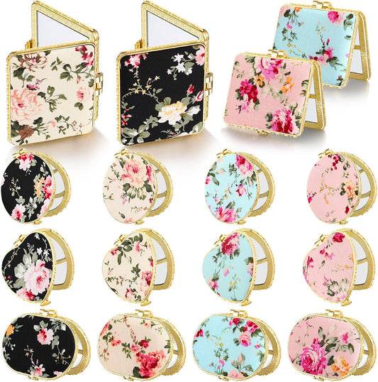 Blulu 16 Pcs Compact Mirrors for Purse Bulk Small Flower Pocket Mirror Vintage Portable Floral Folding Tea Party Favors Return Gifts for Women Christmas Birthday Wedding Makeup Travel(Gold Edge)