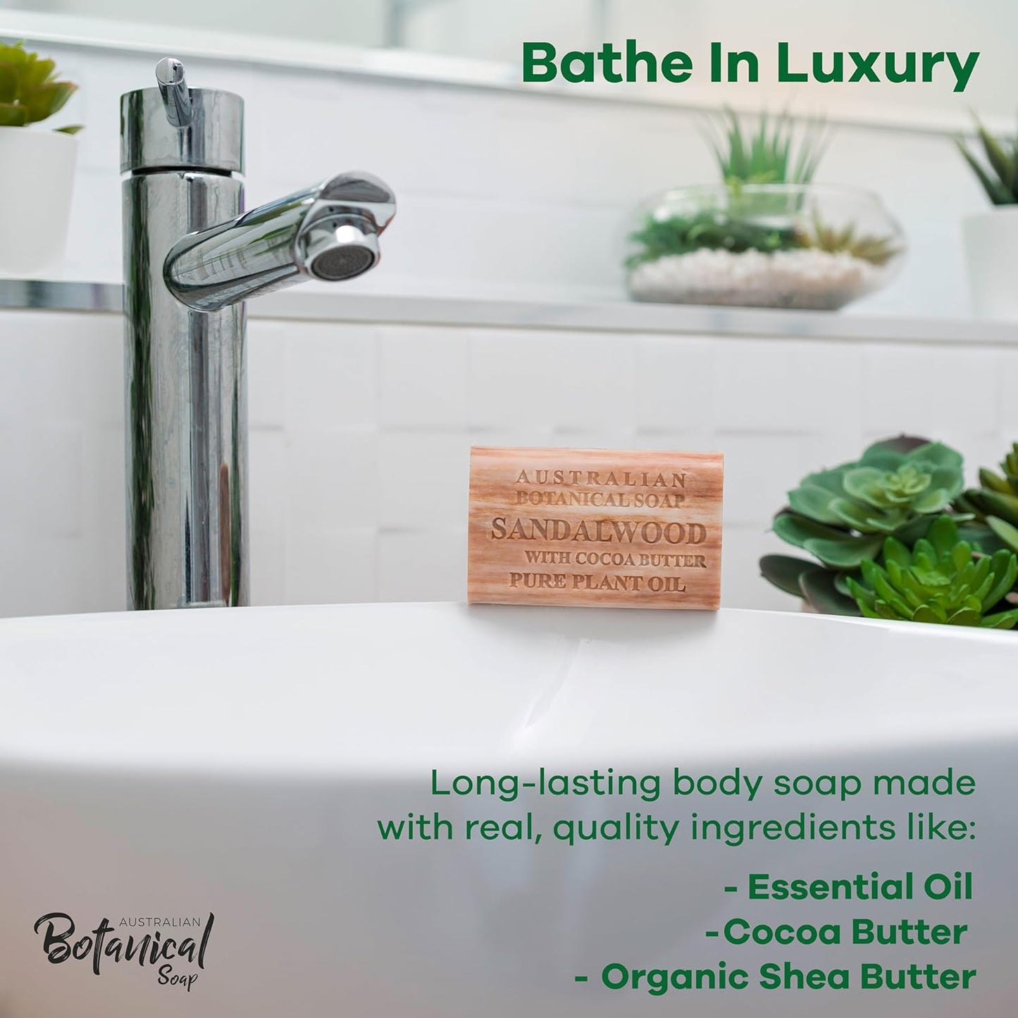 Australian Botanical Soap Sandalwood with Cocoa Butter 6.6 oz Luxury Soap Bars Enriched with Shea Butter, Suitable for Men, Women and All Skin Types, Pack of 6