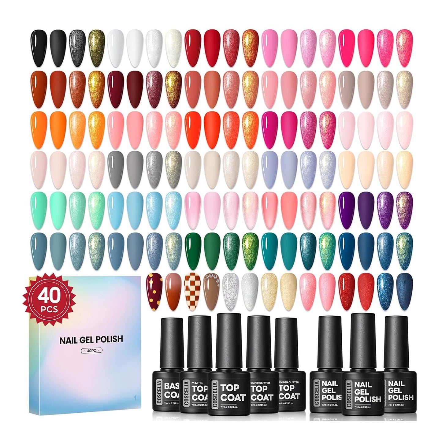 COSCELIA 40pcs Fall Gel Nail Polish Set, 35 Colors Gel polish with 5 Bottles Base and Glossy Matte Glitter Top Coat White Brown Black Nude Red Orange Colors Halloween Nail Polish Nail Art Gifts