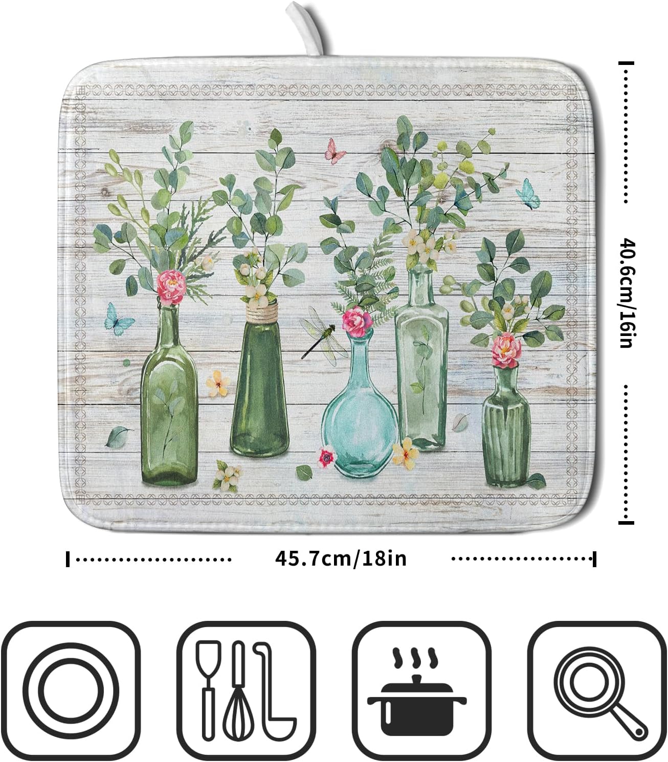 Fern Leaf Vase Dish Drying Mat 16x18 Inch Eucalyptus Leaves Microfiber Absorbent Dish Drainer Mat Reversible Drying Pad for Kitchen Counter Sink