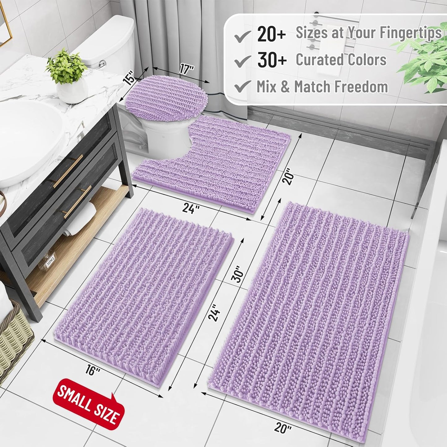 Arotive Luxury Chenille Bathroom Rug Mat, Extra Soft Thick Absorbent Shaggy Bath Rugs, Non-Slip Machine Wash Dry, Plush Bath Mats for Bathroom, Shower and Tub, 36x24, Light Purple