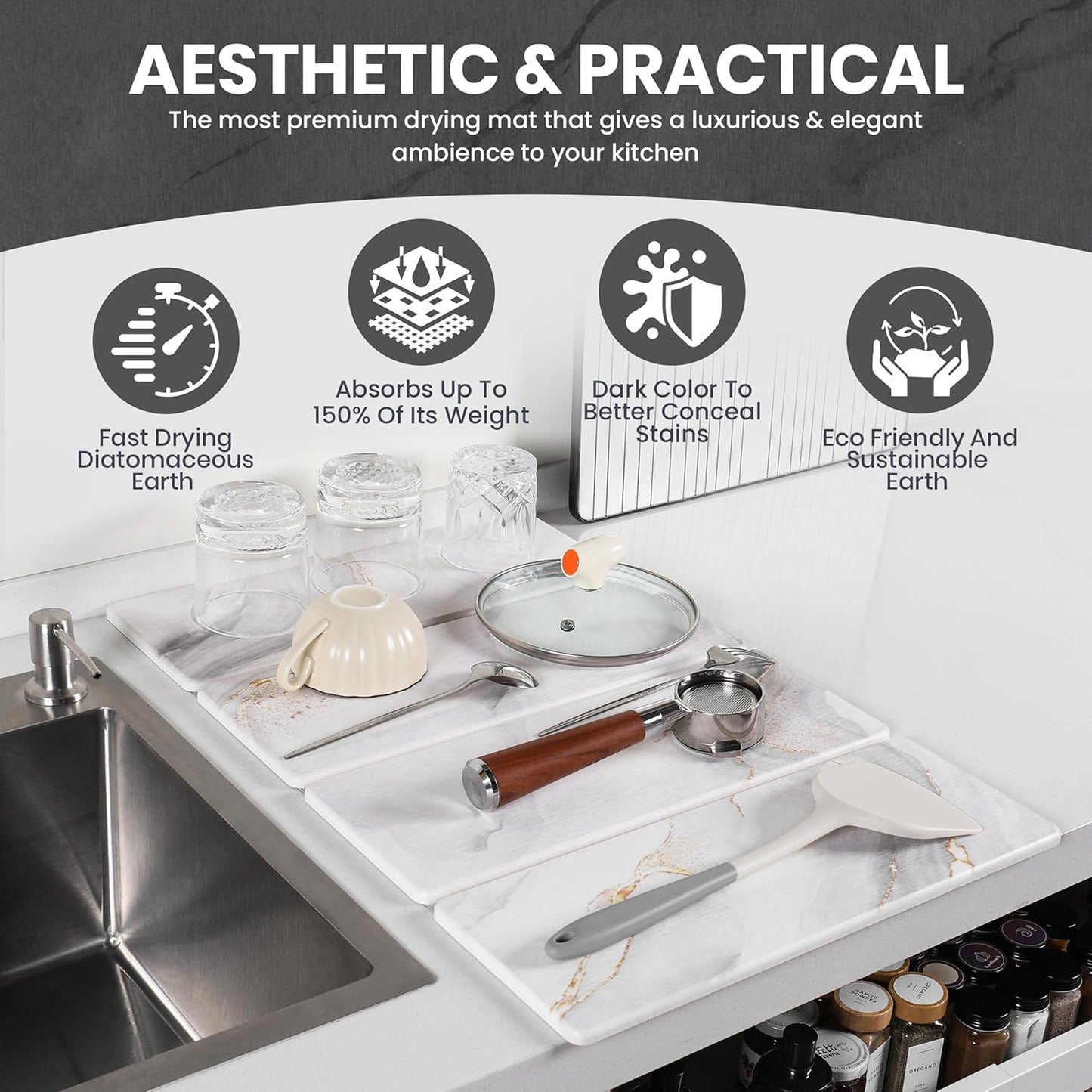 Dusk & Decor Folding Stone Dish Drying Mat – Quick-Drying Diatomaceous Earth Kitchen Mat for Counter – Foldable, Non-Slip Diatomite Sink Tray for Dishes and Utensils - White