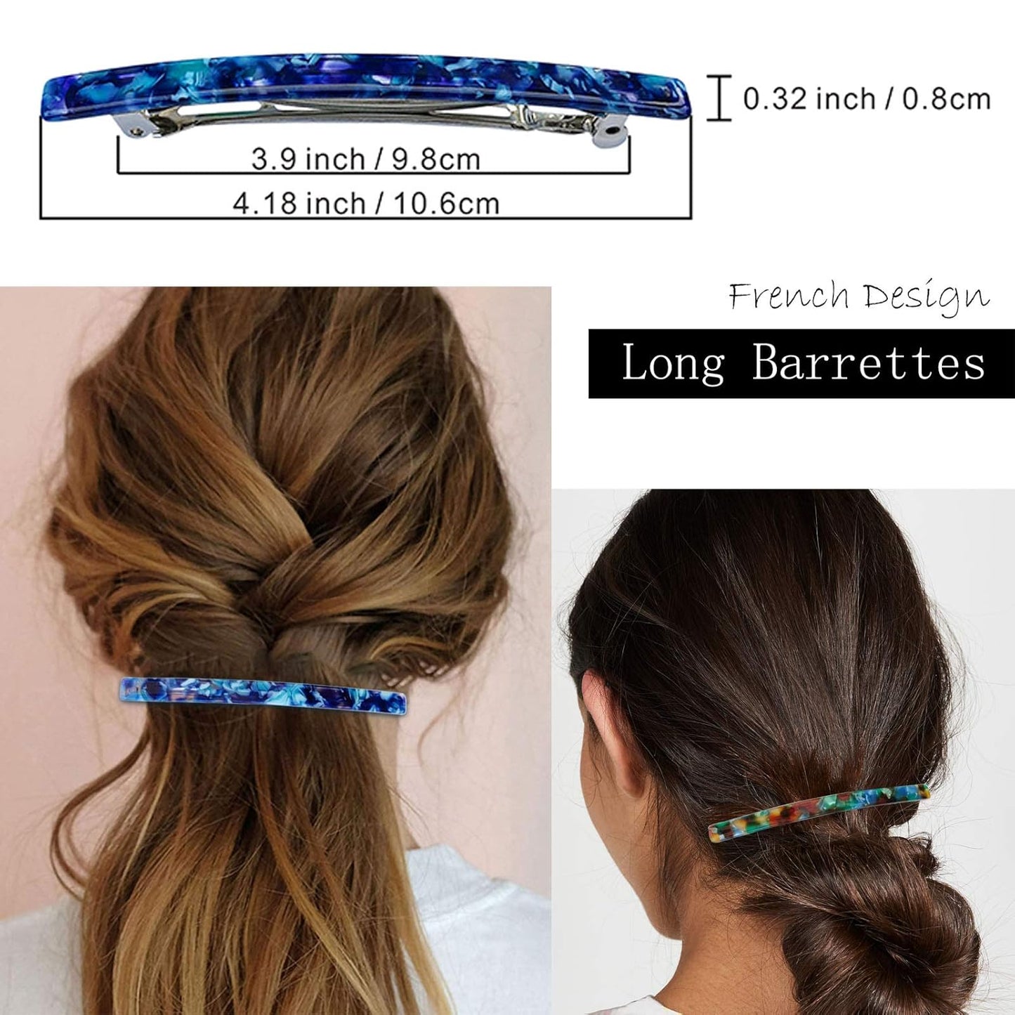 Long French Hair Barrettes 4 Inch Large Hair Clips for Women Thick Hair Automatic Clasp Clamp Pins Resin Nonslip Grip Ponytail Holders, Stylish Hair Accessories Blue Green Pink 3 Pack