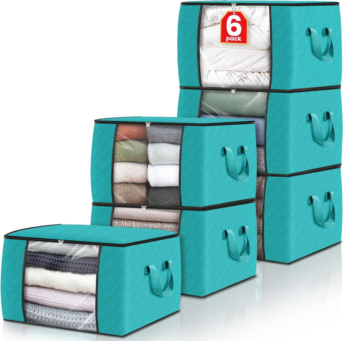 Fab totes 6 Pack Clothes Storage, Foldable Thick Fabric Blanket Storage Bags, Containers for Organizing Bedroom, Closet, Clothing, Comforter,Closet Organization with Handle,Green