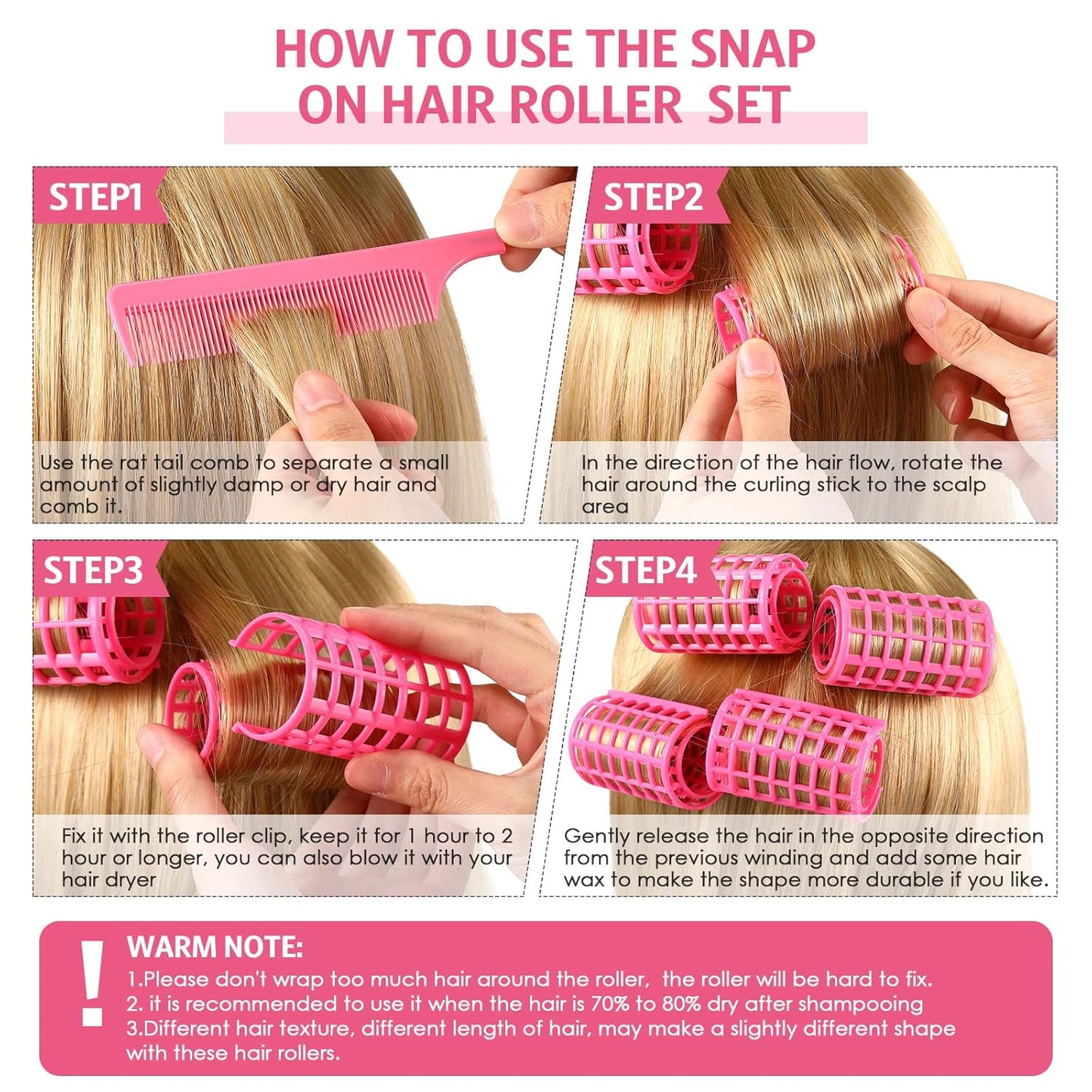 Syhood 12 Pcs Plastic Hair Rollers for Women Large Size Curlers Set Snap Roller Clips with Rat Tail Comb for Long Medium Short Hair Bangs, Salon Hairdressing Styling Tool(2.6 x 1.4 Inch,Pink)