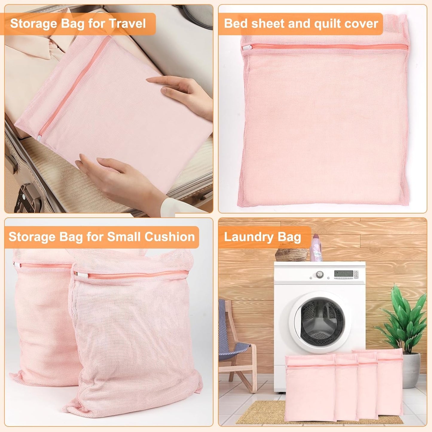 4-Piece Pink Large Durable Organic Cotton Mesh Laundry Bags with Sturdy Zippers and Breathable Mesh are Delicate Laundry Bags for Underwear, Clothes, Pants and Socks
