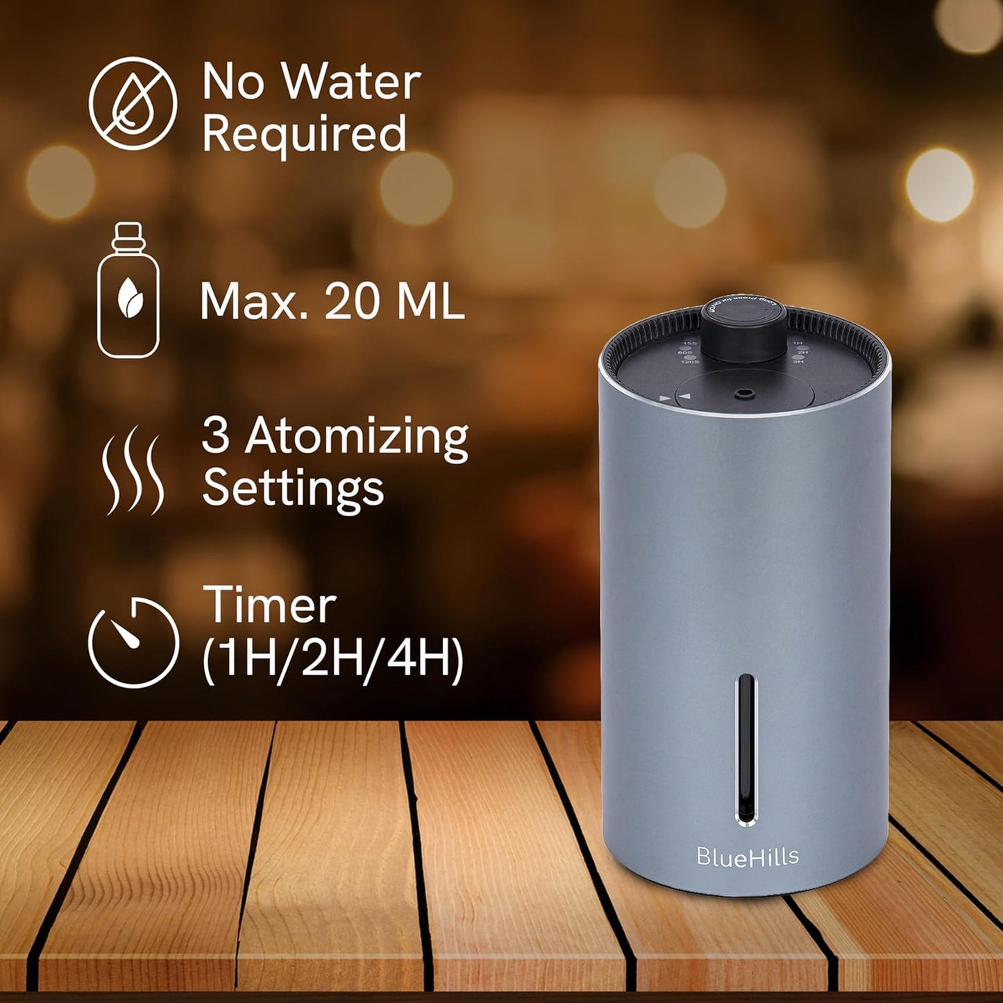 BlueHills Waterless Diffuser Cordless Car Essential Oil Aroma for Essential Oils Large Room Portable USB Travel Hotel Home Long Run Timer Compact Battery-Operated Small Diffusers - J02 Silver Gray