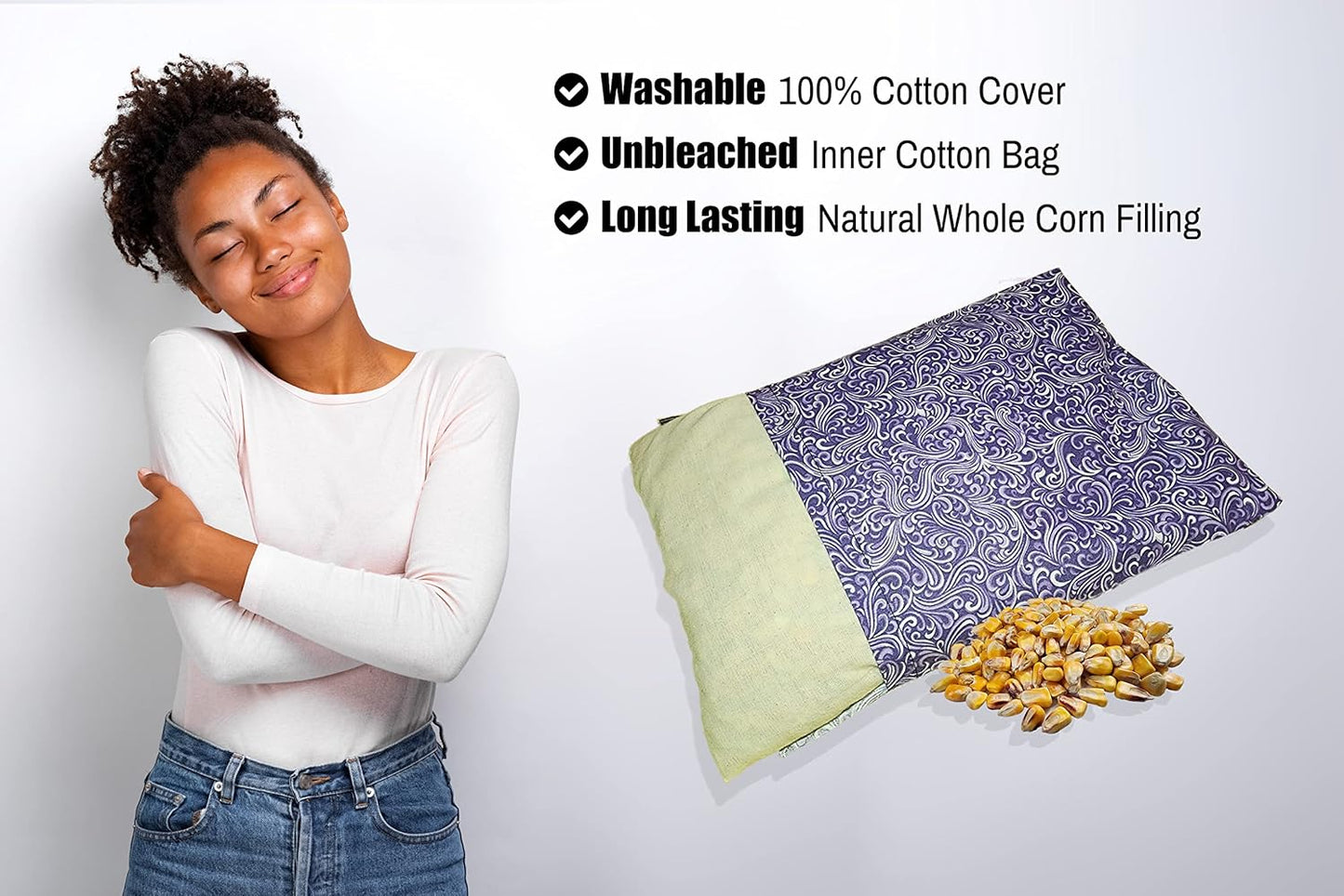 Microwavable Corn Filled Heating Pad and Cold Pack/Washable 100% Cotton Cover (Breezy - Lavender, 7.5in W x 11in L)