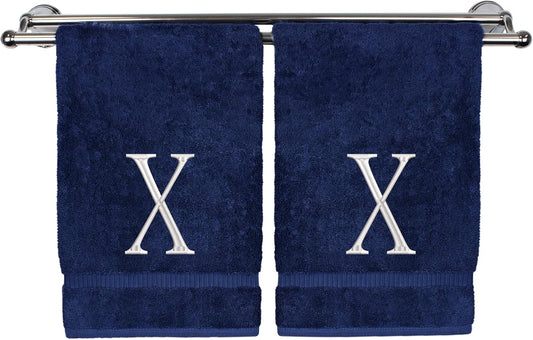 Monogrammed Hand Towel, Personalized Initial Gift, Extra Absorbent 100% Turkish Cotton - Soft Terry Finish - Set of 2 - White Block Initial X - Embroidered on Navy Blue Towels