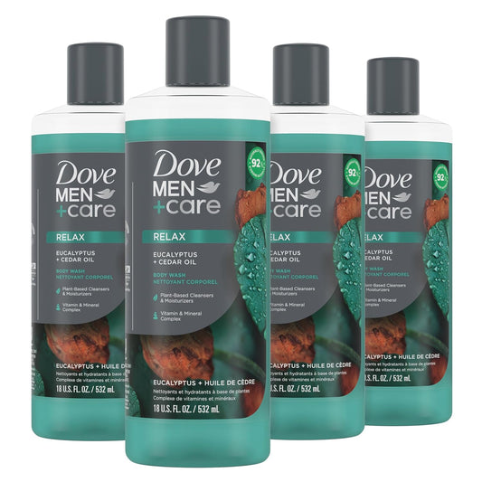 DOVE MEN + CARE Body 4 Count Wash Eucalyptus + Cedar Oil to Rebuild Skin in the Shower with Plant-Based Cleansers and Moisturizers 18 oz
